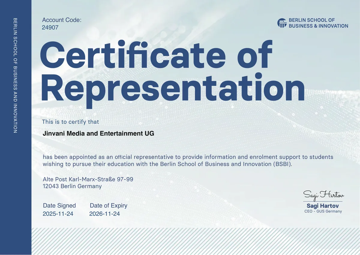 Berlin School of Business and Innovation certificate of representation