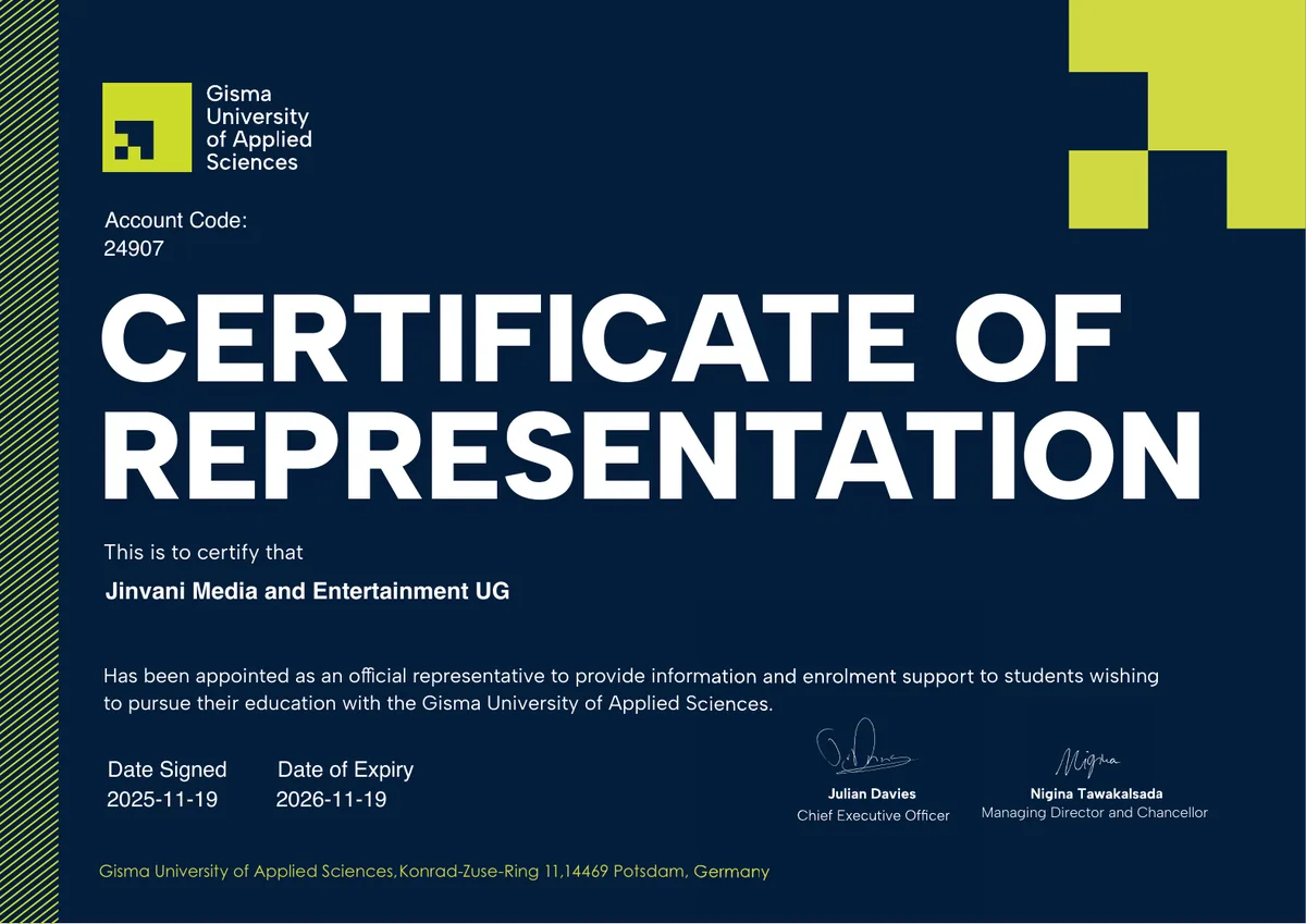 GISMA University of Applied Sciences certificate of representation