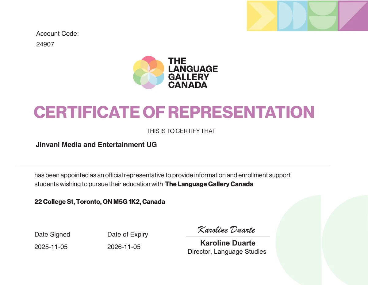 The Language Gallery Canada certificate of representation