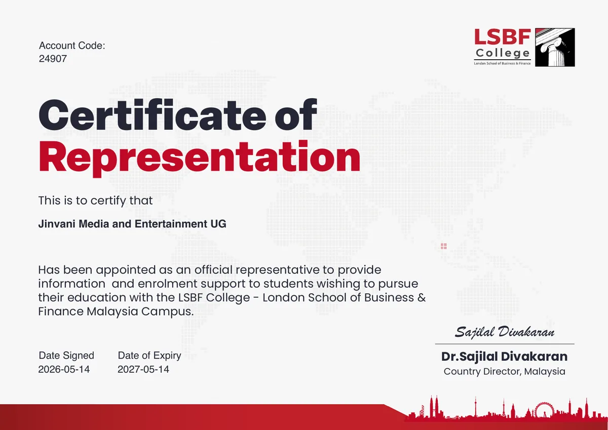 LSBF College Malaysia certificate of representation