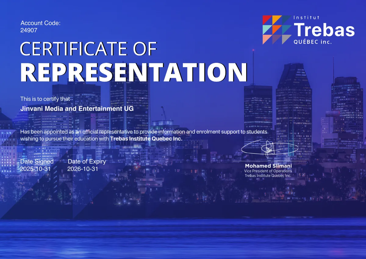 Trebas Institute Quebec certificate of representation