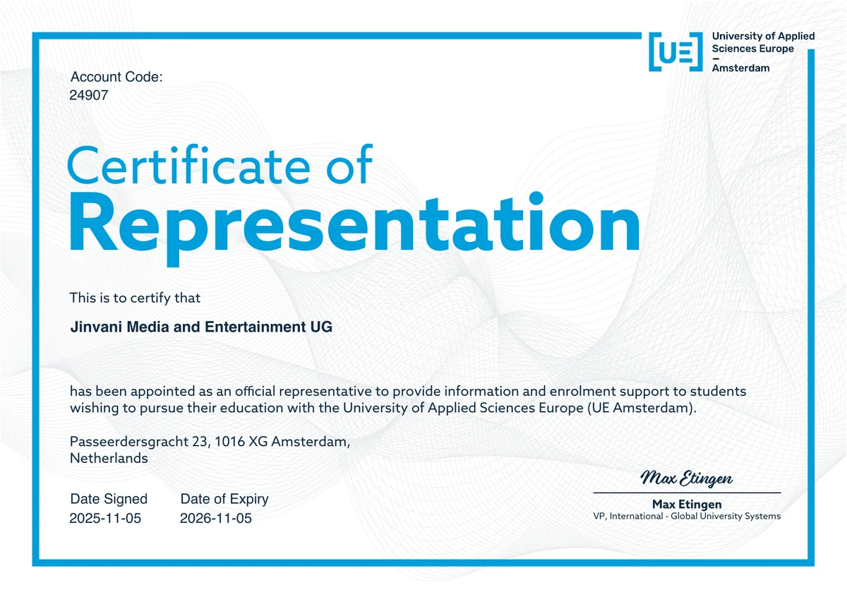 University of Applied Sciences Europe Amsterdam certificate of representation